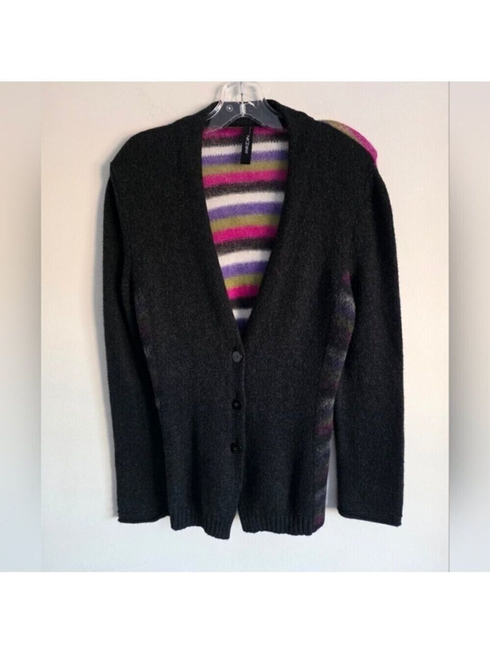 MARC CAIN | Black Mohair Cardigan with Striped Accents Black Sz M